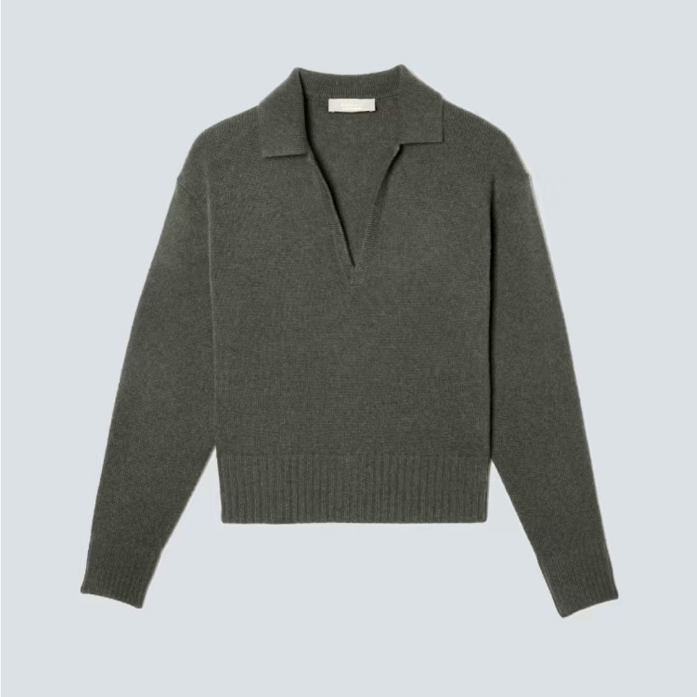 Everlane Cashmere Sweater Polo Top Vneck Collar Green XS - Picture 2 of 7